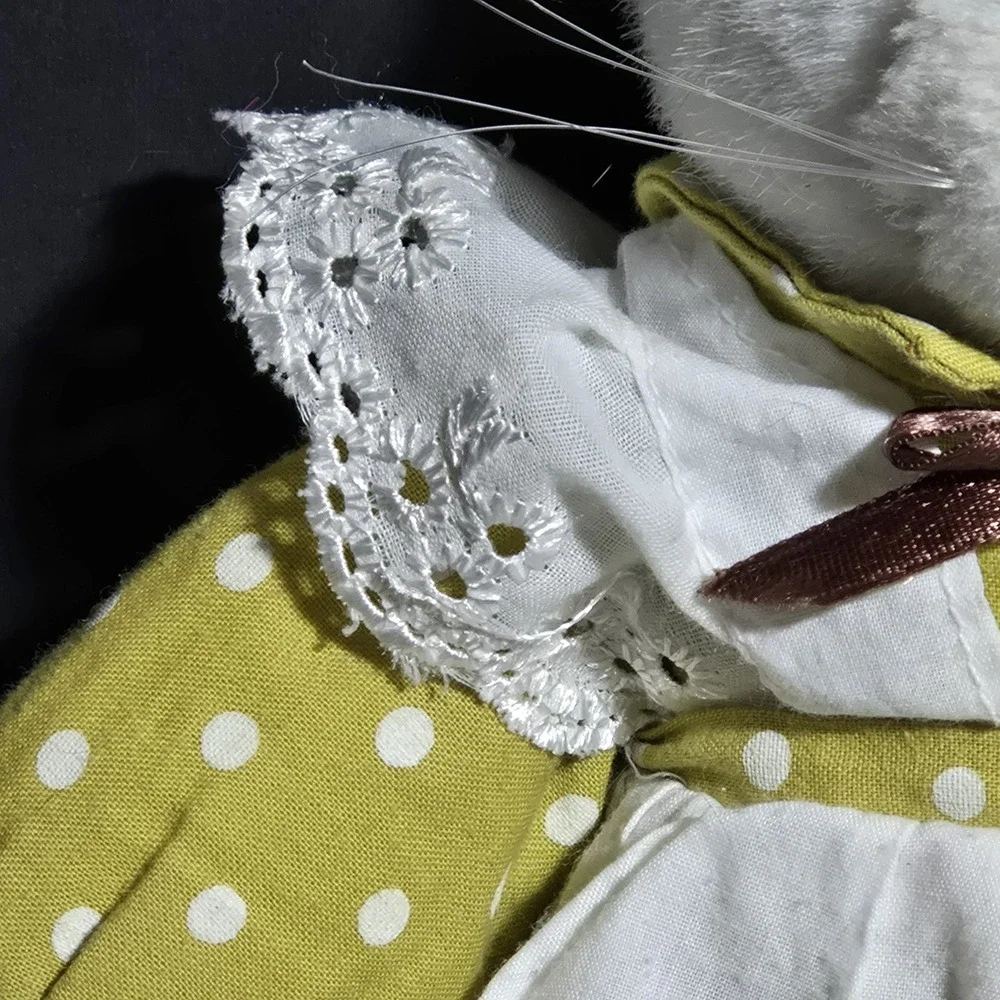 VINTAGE ACMI Rabbit Plush White Bunny Yellow Dress Polka Dots Cottagecore EASTER